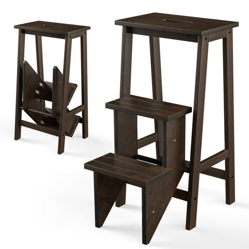 3-Tier Rubber Wood Folding Step Stool Ladder, Brown