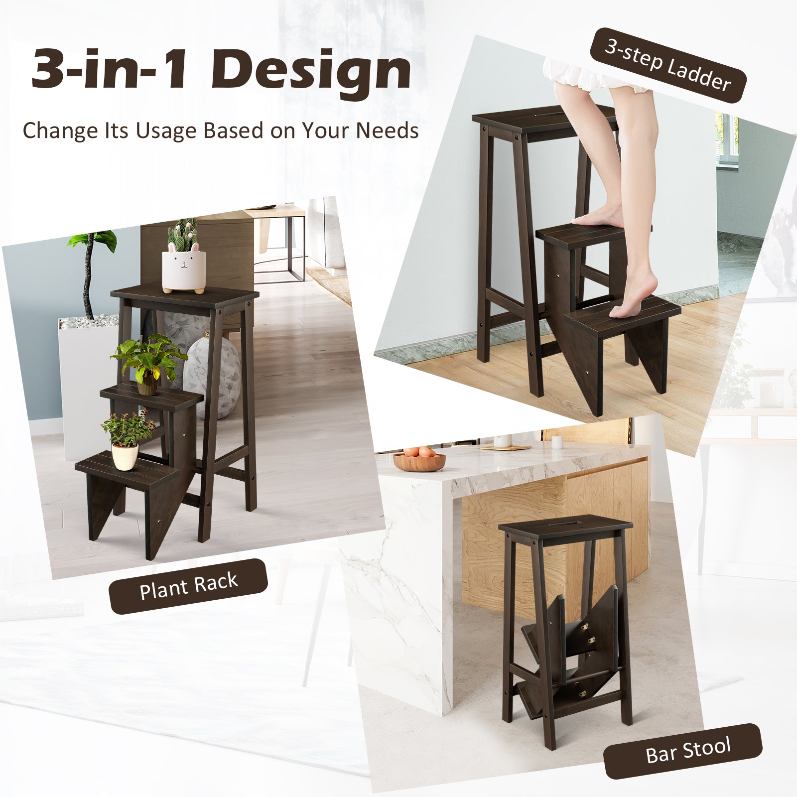 3-in-1 Rubber Wood 3 Tier Folding Step Stool Ladder Storage Shelf, Brown Kitchen Utensils at Gallery Canada