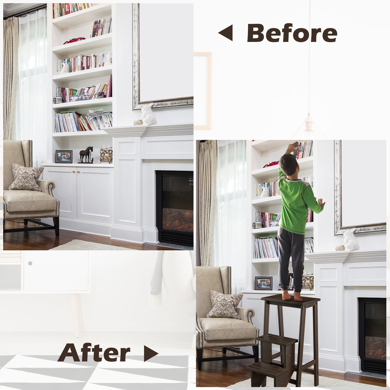 3-in-1 Rubber Wood 3 Tier Folding Step Stool Ladder Storage Shelf, Brown Kitchen Utensils at Gallery Canada