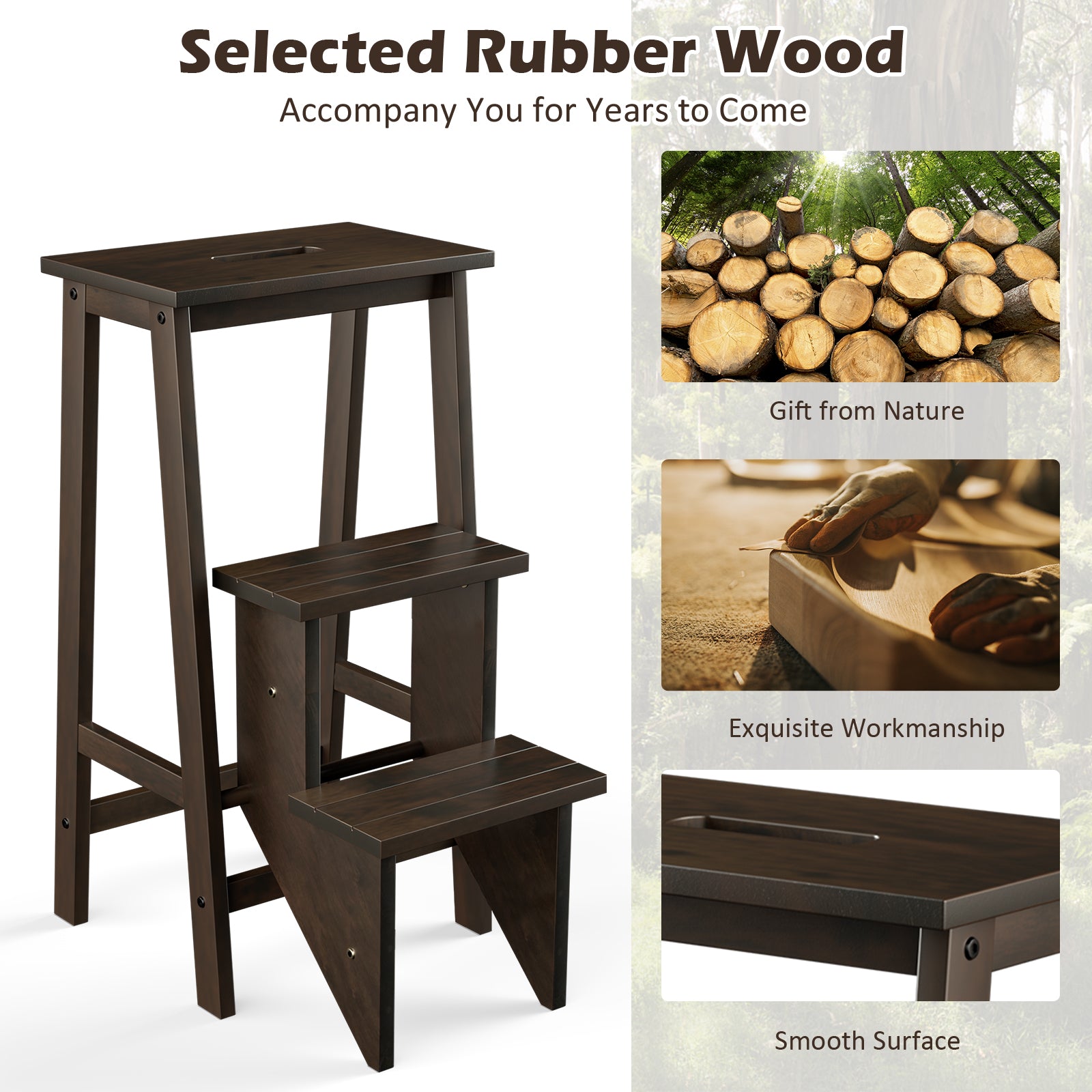 3-in-1 Rubber Wood 3 Tier Folding Step Stool Ladder Storage Shelf, Brown Kitchen Utensils at Gallery Canada