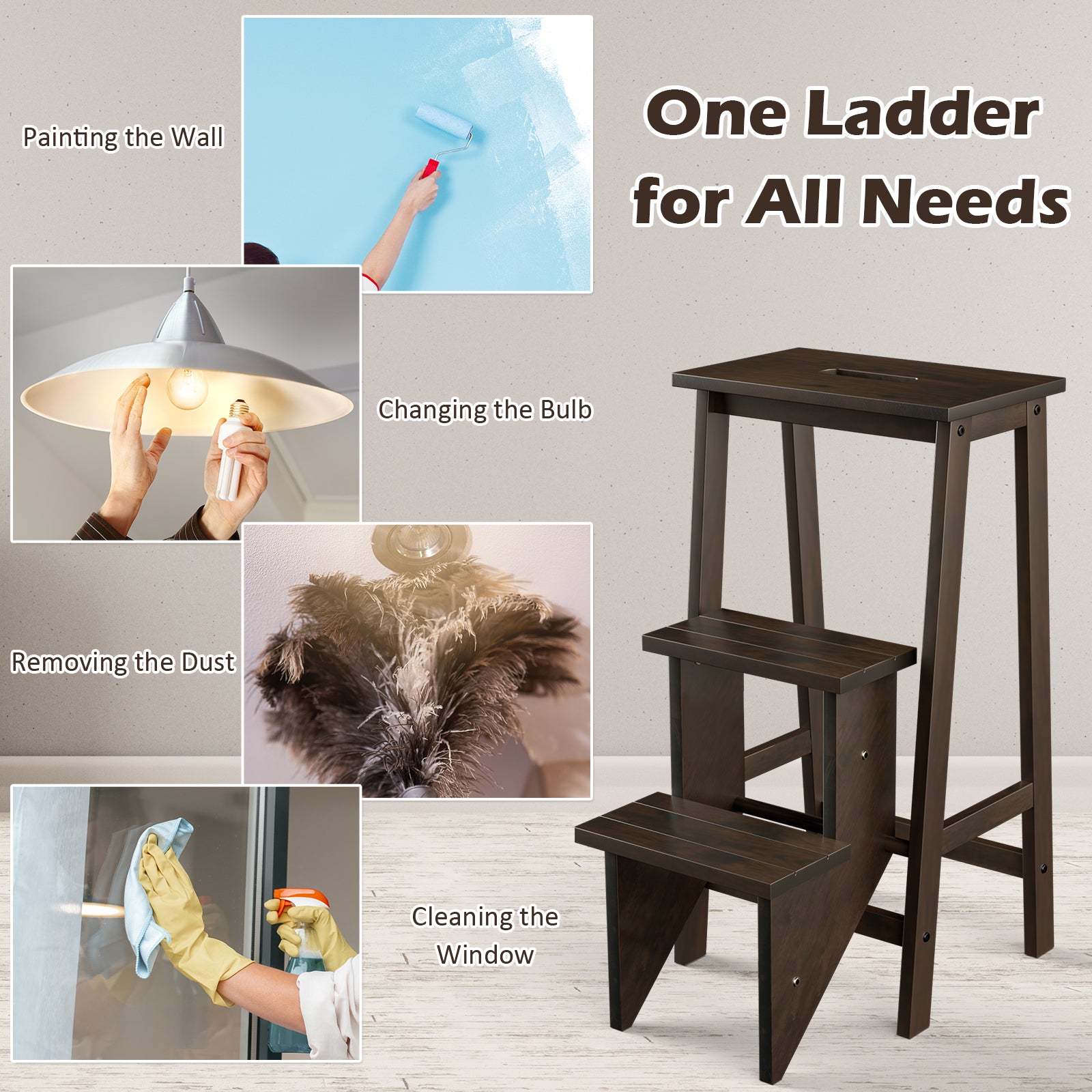 3-in-1 Rubber Wood 3 Tier Folding Step Stool Ladder Storage Shelf, Brown Kitchen Utensils at Gallery Canada