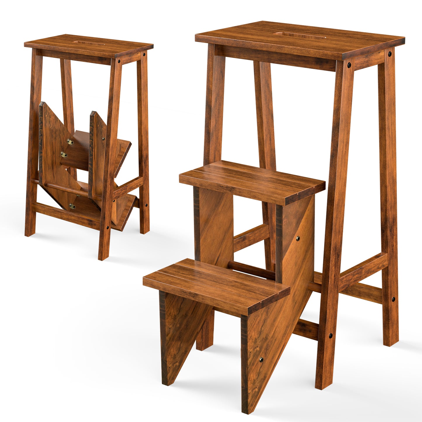 3-In-1 Rubber Wood Step Stool Ladder, 3 Tier, Coffee