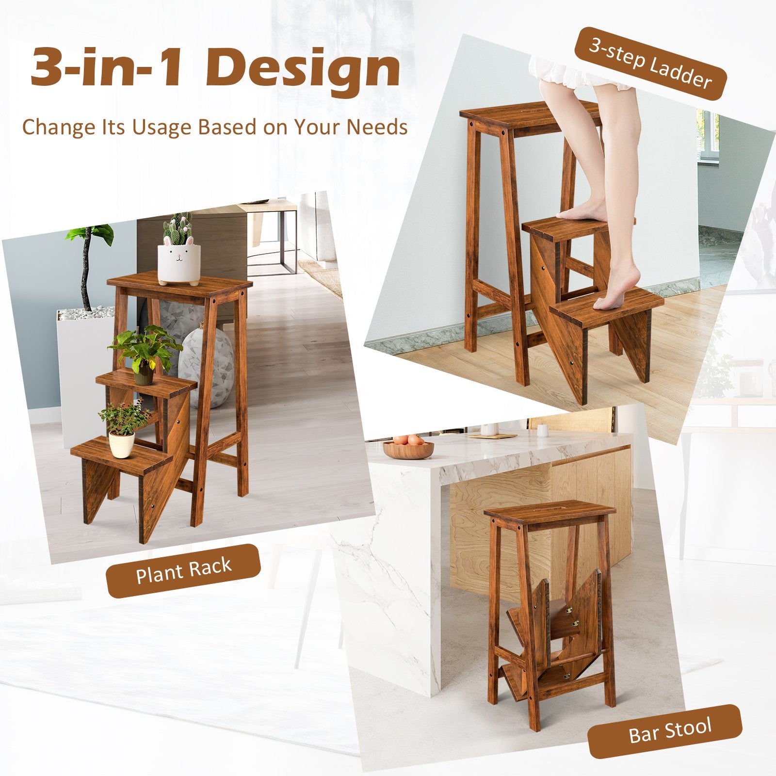 3-in-1 Rubber Wood 3 Tier Folding Step Stool Ladder Storage Shelf, Coffee Kitchen Utensils at Gallery Canada