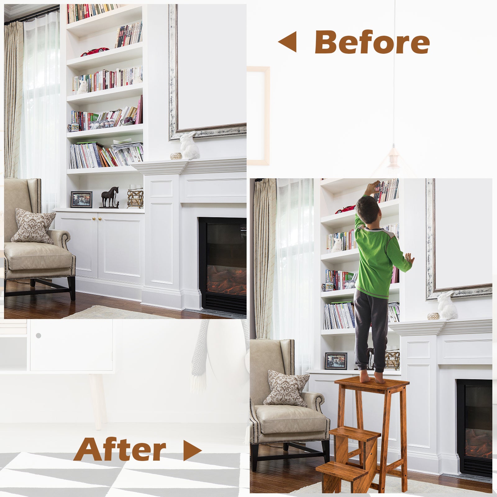 3-in-1 Rubber Wood 3 Tier Folding Step Stool Ladder Storage Shelf, Coffee Kitchen Utensils at Gallery Canada