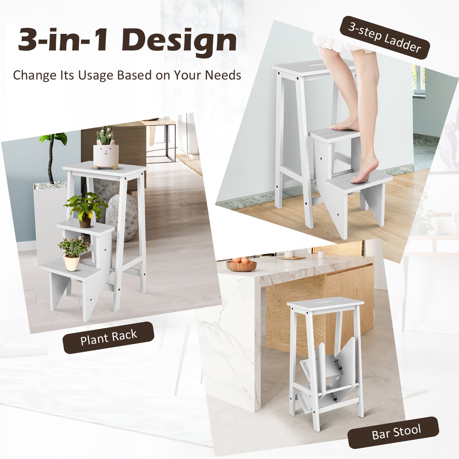 3-Tier Step Stool 3 in 1 Folding Ladder Bench, White Kitchen Utensils at Gallery Canada