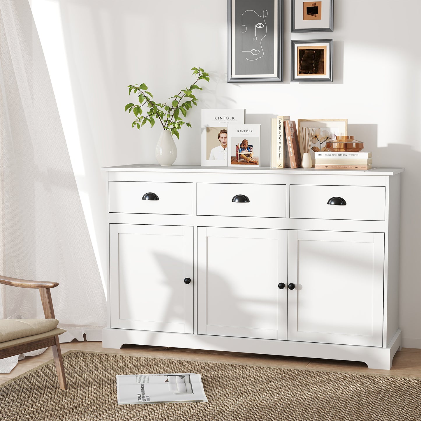 3 Drawer Sideboard Buffet With Adjustable Shelves, White Sideboards Cabinets & Buffets at Gallery Canada