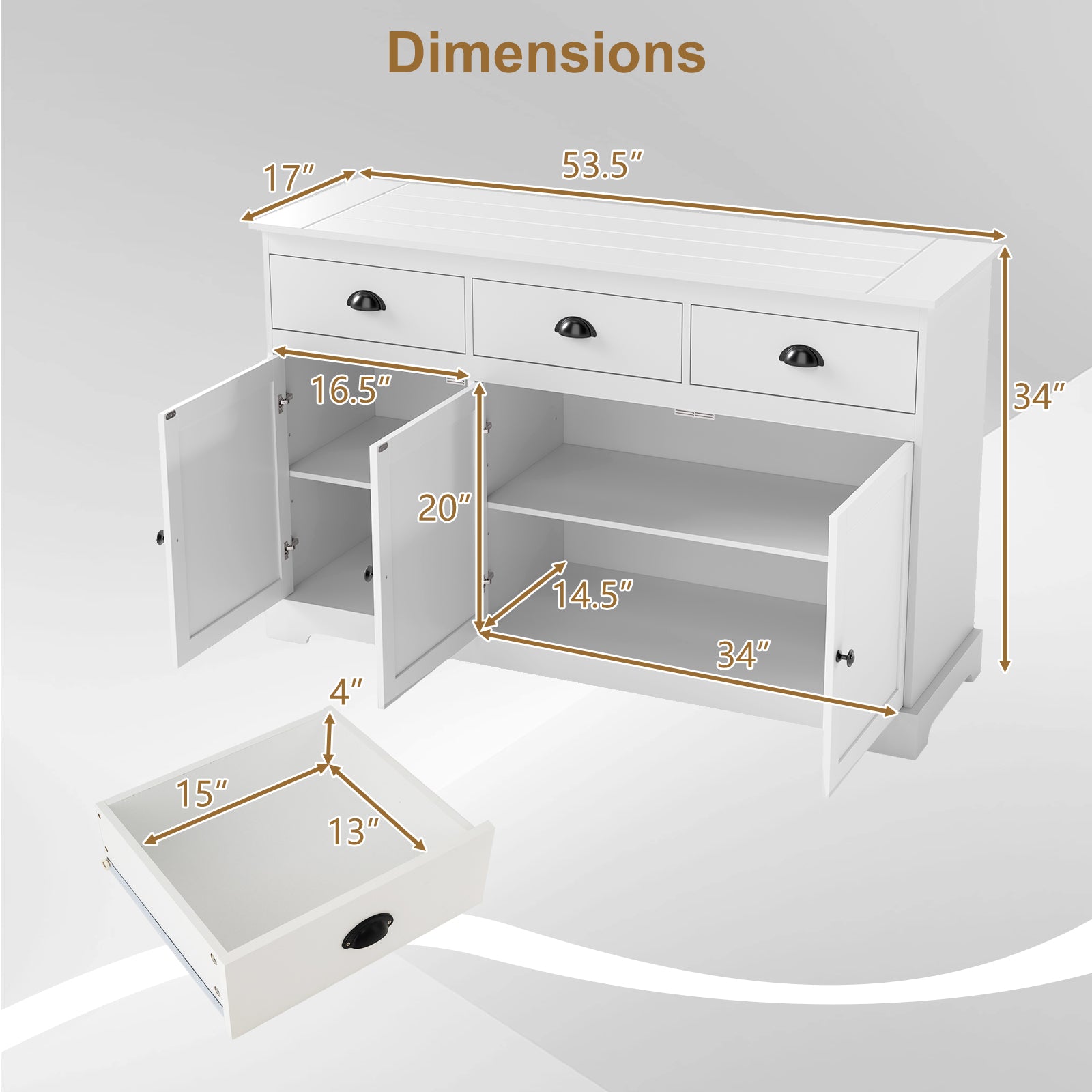 3 Drawer Sideboard Buffet With Adjustable Shelves, White Sideboards Cabinets & Buffets at Gallery Canada