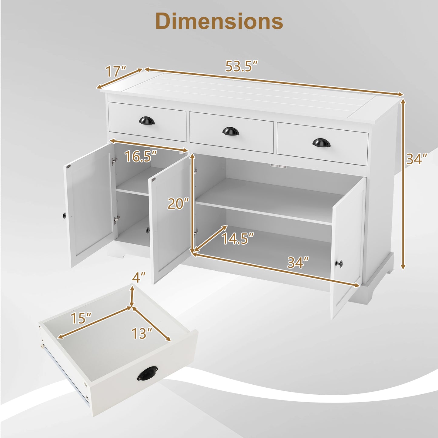3 Drawer Sideboard Buffet With Adjustable Shelves, White Sideboards Cabinets & Buffets at Gallery Canada