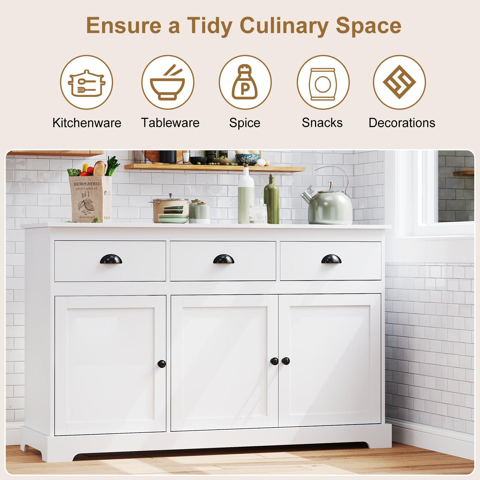 3 Drawer Sideboard Buffet With Adjustable Shelves, White Sideboards Cabinets & Buffets at Gallery Canada