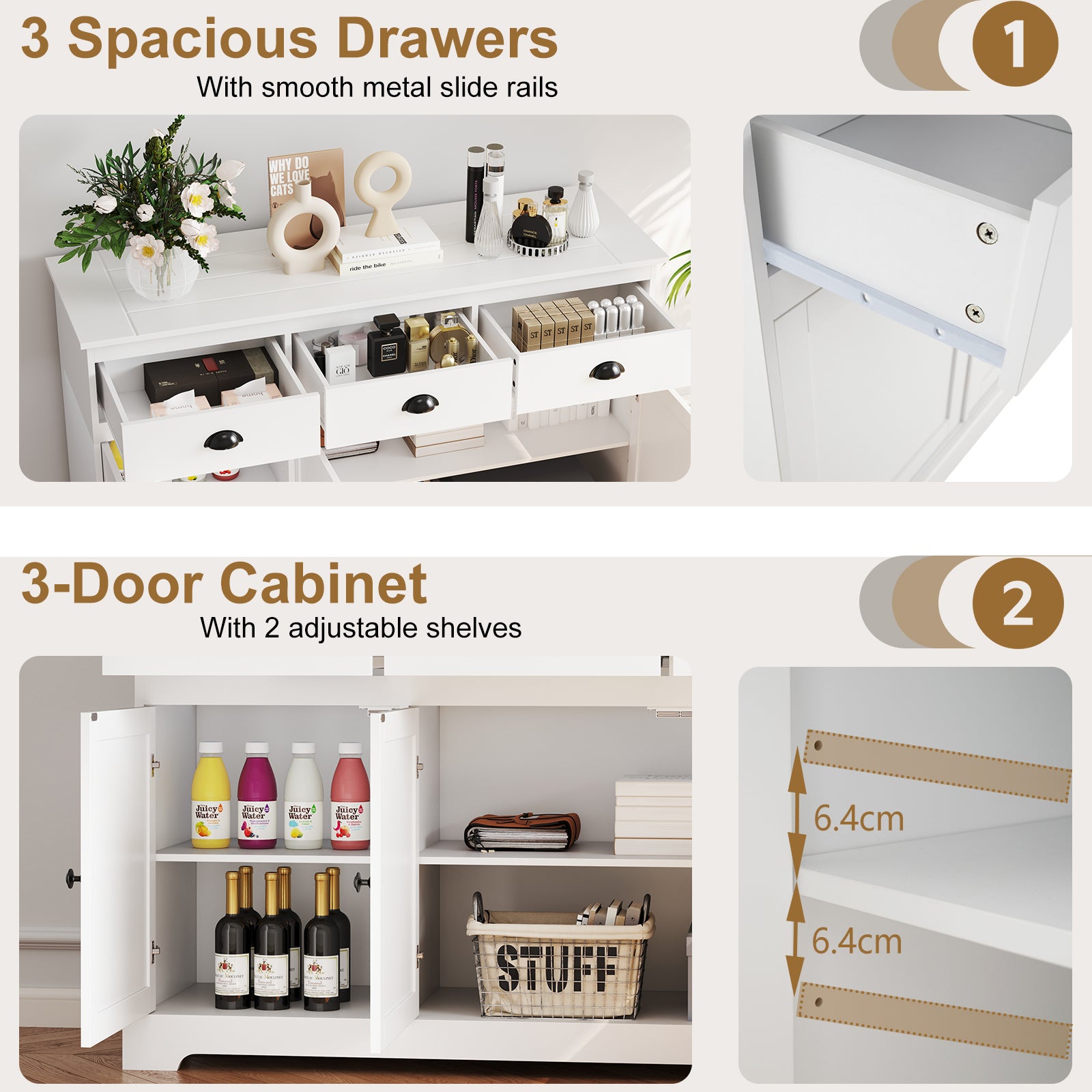 3 Drawer Sideboard Buffet With Adjustable Shelves, White Sideboards Cabinets & Buffets at Gallery Canada