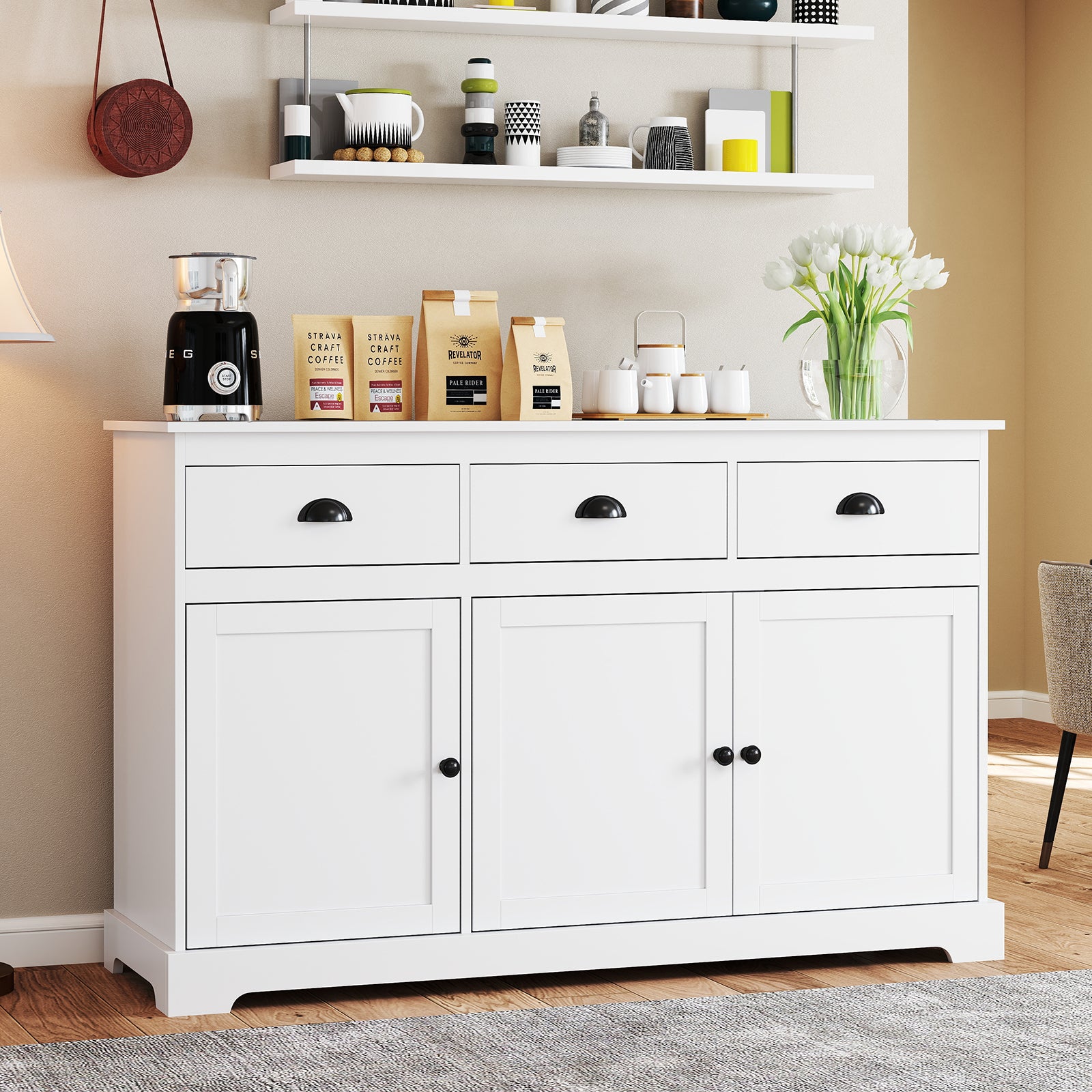 3 Drawer Sideboard Buffet With Adjustable Shelves, White Sideboards Cabinets & Buffets at Gallery Canada