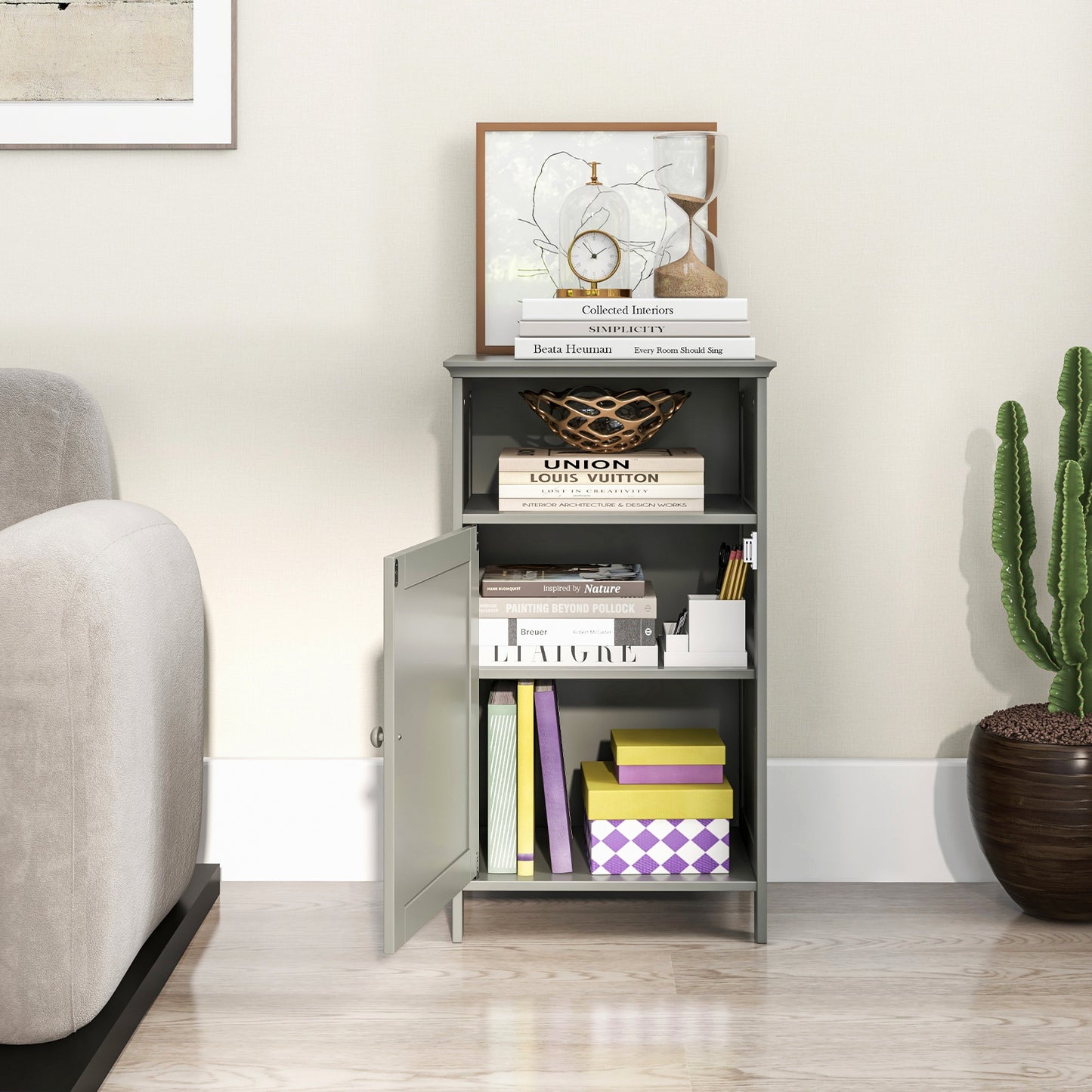 Bathroom Freestanding Adjustable Shelf Floor Storage Cabinet, Gray Floor Cabinets at Gallery Canada