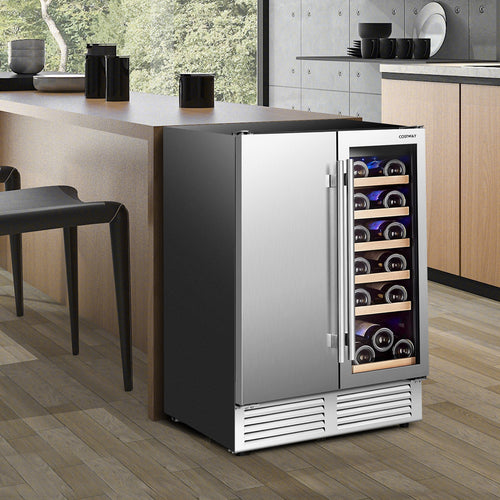 2-in-1 Beverage and Wine Cooler with Independent Temperature Control and LED Lights, Silver