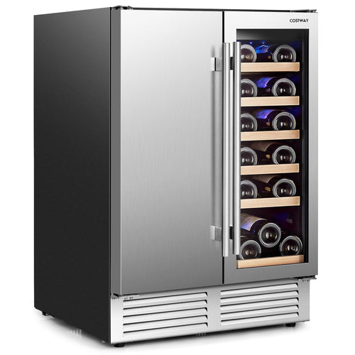 2-in-1 Beverage and Wine Cooler with Independent Temperature Control and LED Lights, Silver