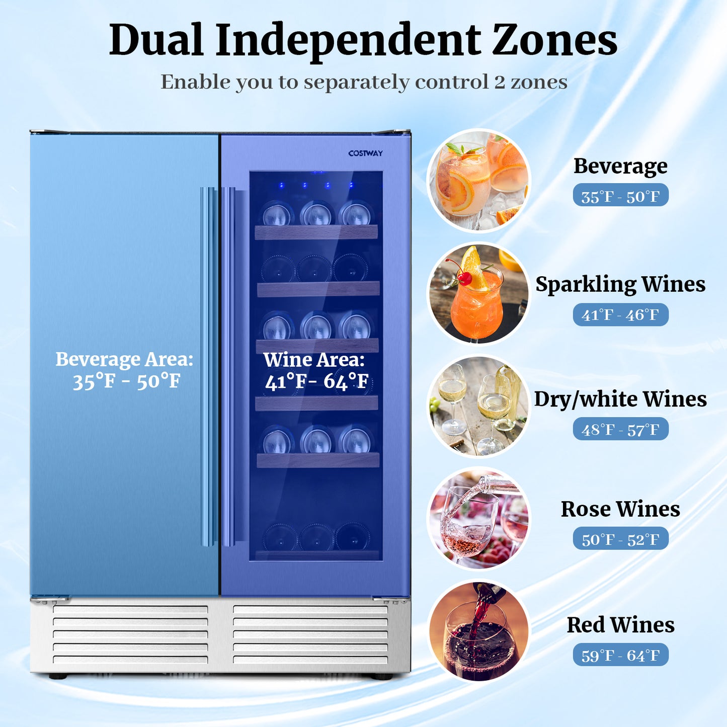 2-in-1 Beverage and Wine Cooler with Independent Temperature Control and LED Lights, Silver Wine & Beverage Coolers at Gallery Canada