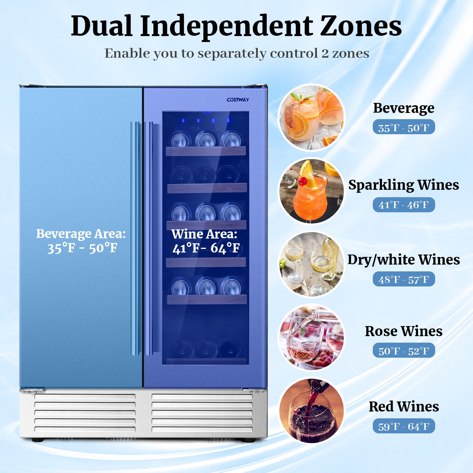 2-in-1 Beverage and Wine Cooler with Independent Temperature Control and LED Lights, Silver Wine & Beverage Coolers at Gallery Canada