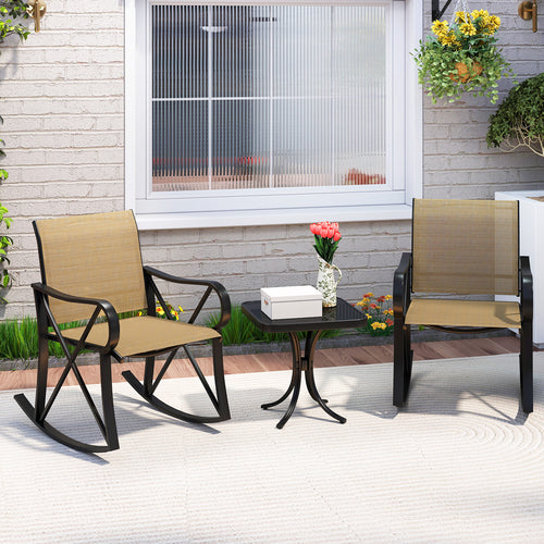 3 Piece Patio Rocking Set with Smooth Rocking Motion Outdoor Rocker Chair Bistro Set , Brown
