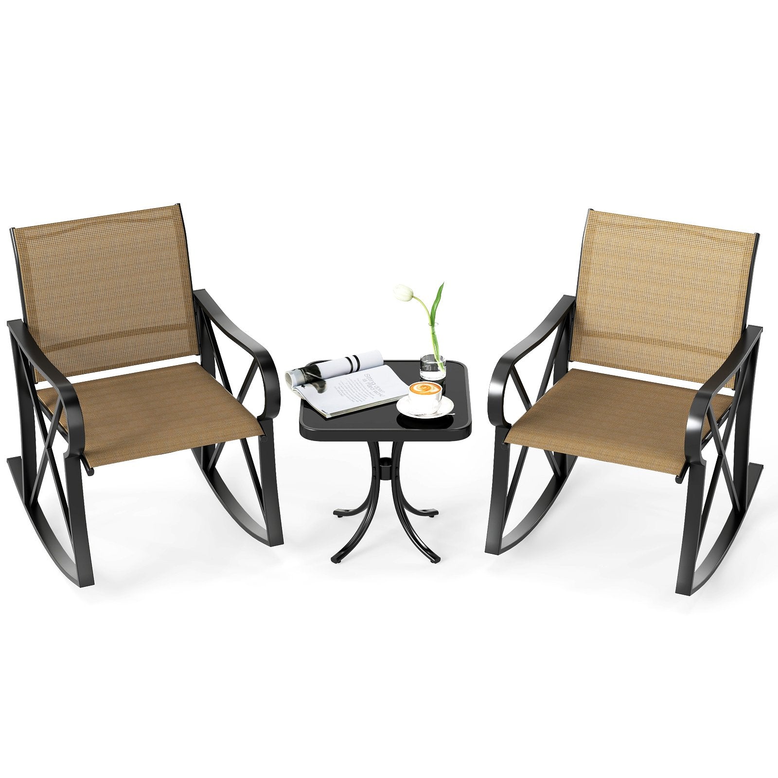 3 Piece Patio Rocking Set with Smooth Rocking Motion Outdoor Rocker Chair Bistro Set , Brown Patio Conversation Sets at Gallery Canada