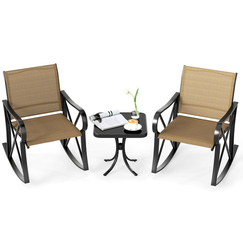 3 Piece Patio Rocking Set with Smooth Rocking Motion Outdoor Rocker Chair Bistro Set , Brown