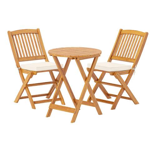3 Pieces Acacia Wood Patio Folding Bistro Set with Soft Cushions, Beige