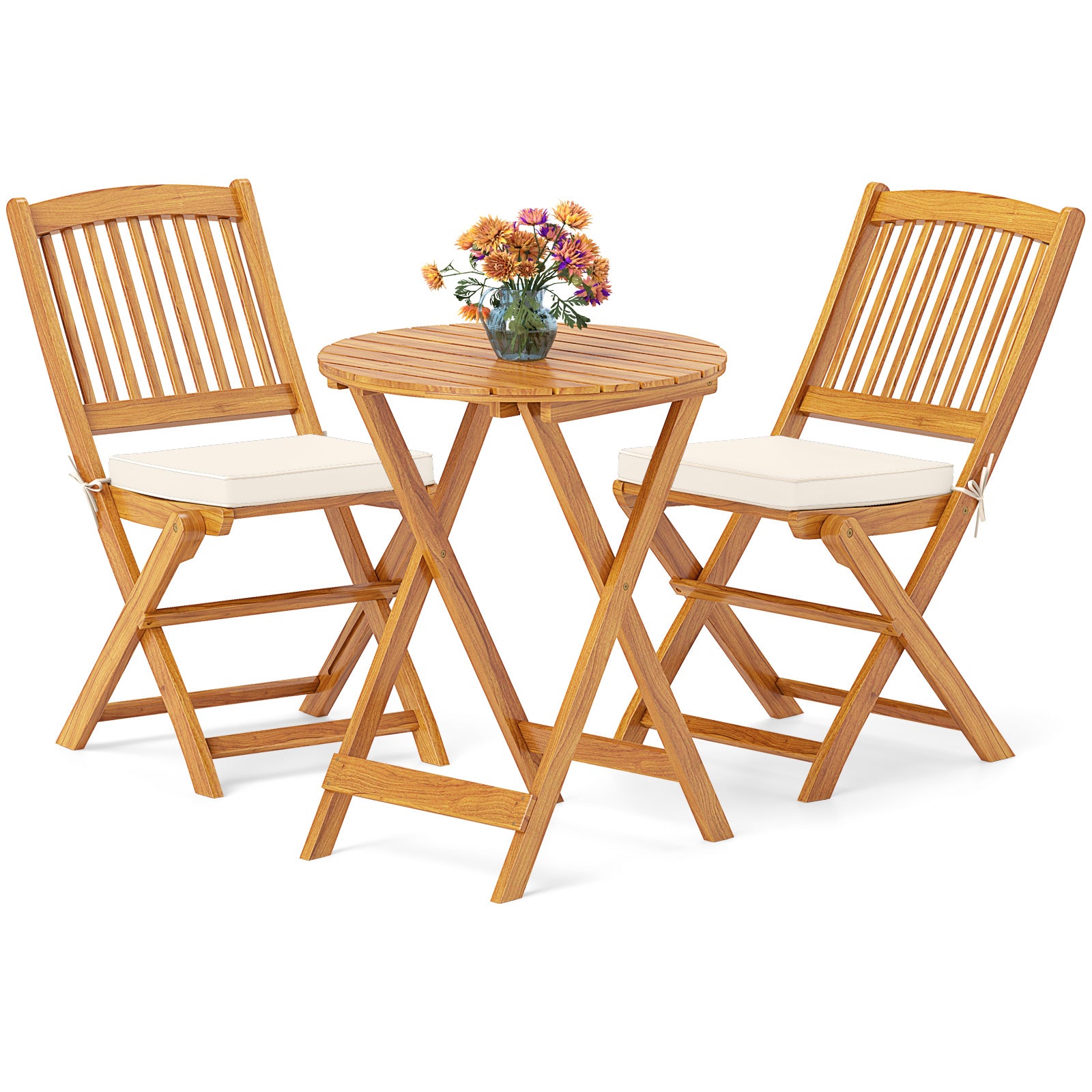 3 Pieces Acacia Wood Patio Folding Bistro Set with Soft Cushions, Beige Patio Conversation Sets at Gallery Canada