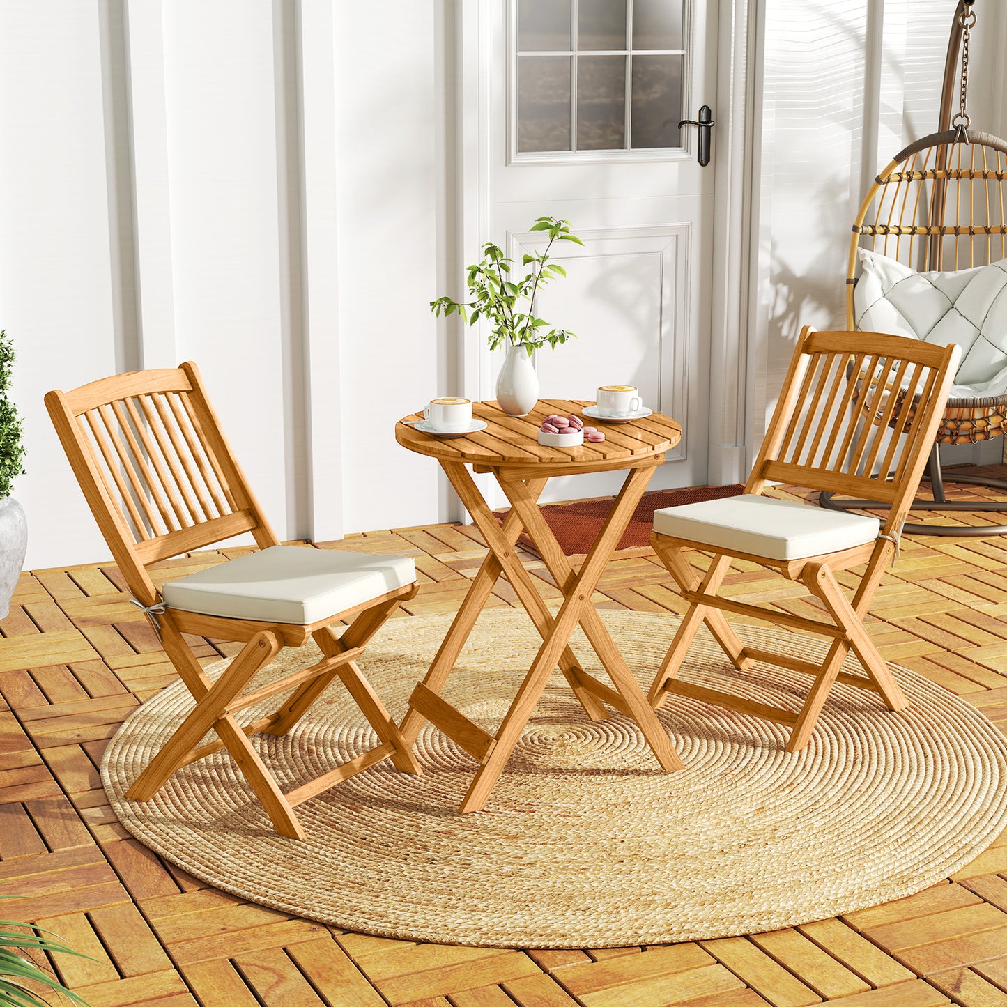 3 Pieces Acacia Wood Patio Folding Bistro Set with Soft Cushions, Beige Patio Conversation Sets at Gallery Canada