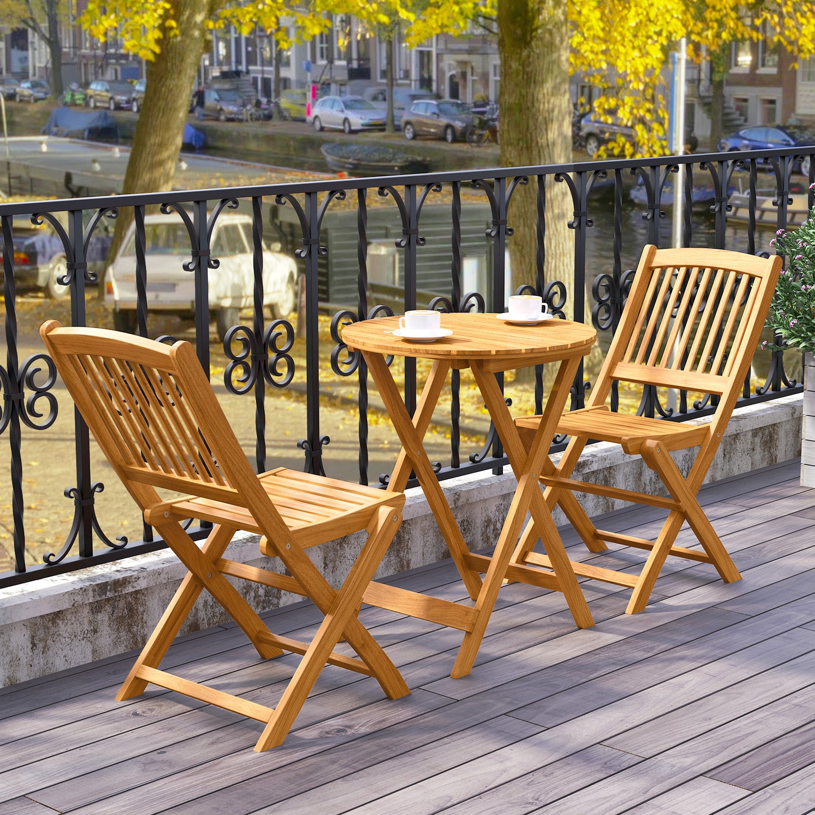 3 Pieces Acacia Wood Patio Folding Bistro Set with Soft Cushions, Beige Patio Conversation Sets at Gallery Canada