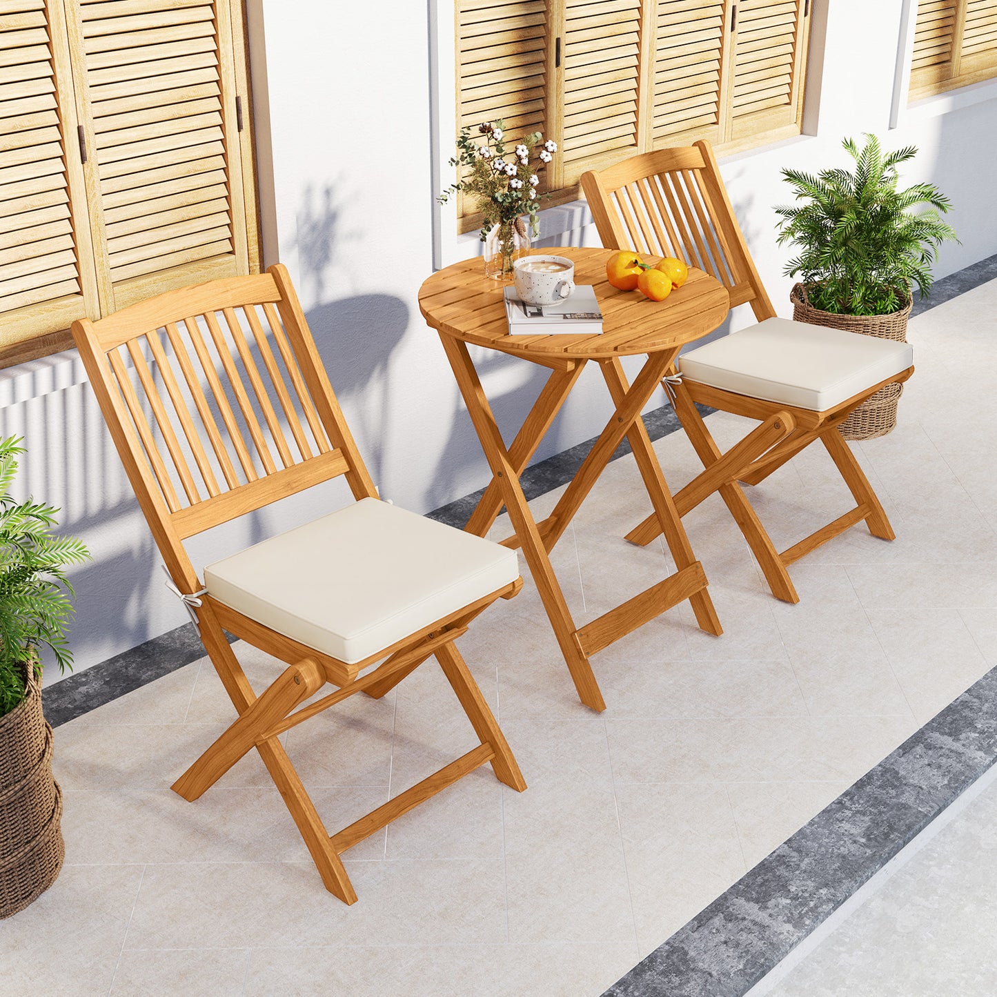 3 Pieces Acacia Wood Patio Folding Bistro Set with Soft Cushions, Beige Patio Conversation Sets at Gallery Canada