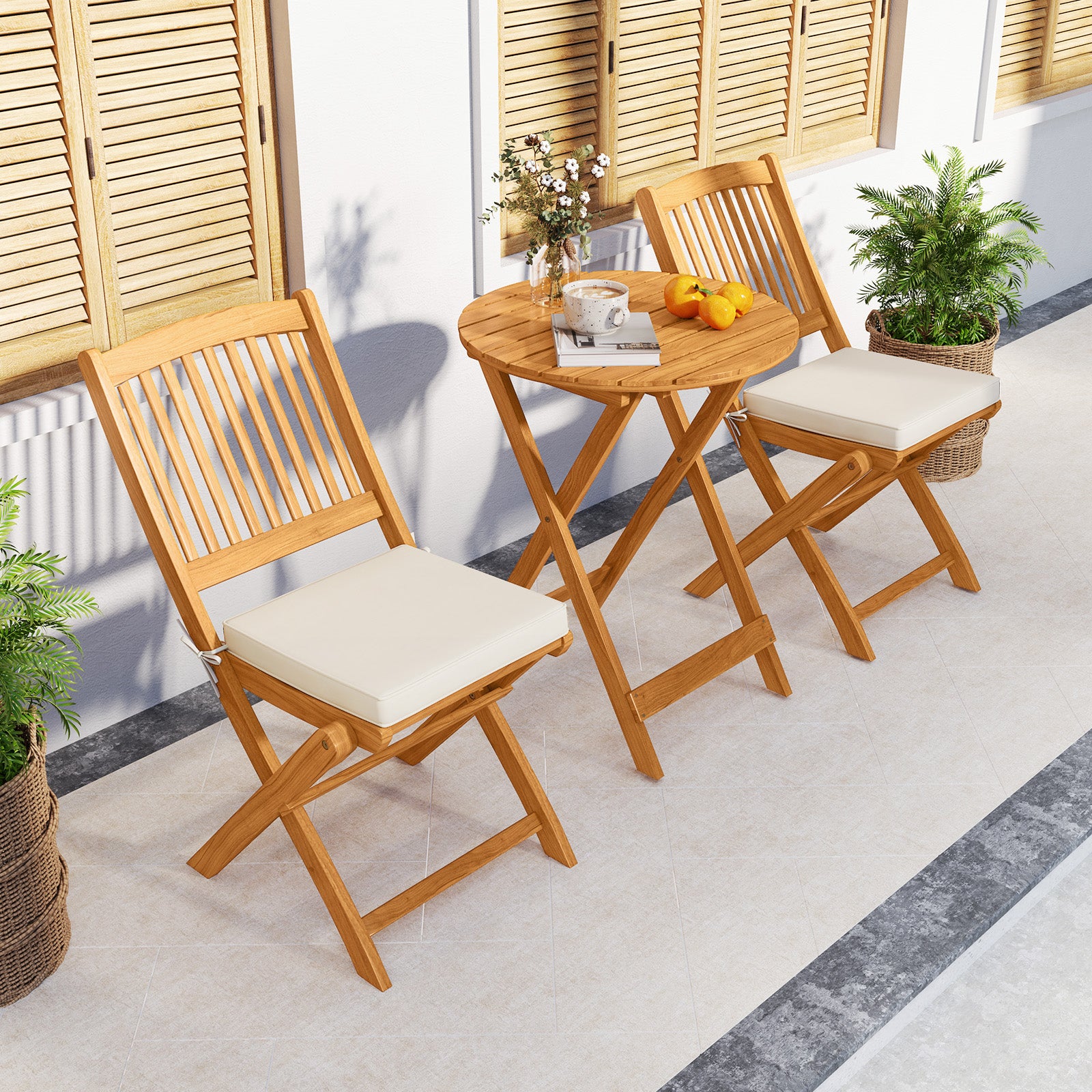 3 Pieces Acacia Wood Patio Folding Bistro Set with Soft Cushions, Beige Patio Conversation Sets at Gallery Canada