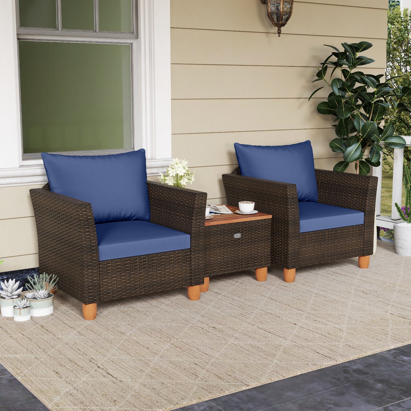 3 Pieces Patio PE Wicker Furniture Set with Cushions and Acacia Wood Storage Coffee Table, Navy Patio Conversation Sets at Gallery Canada