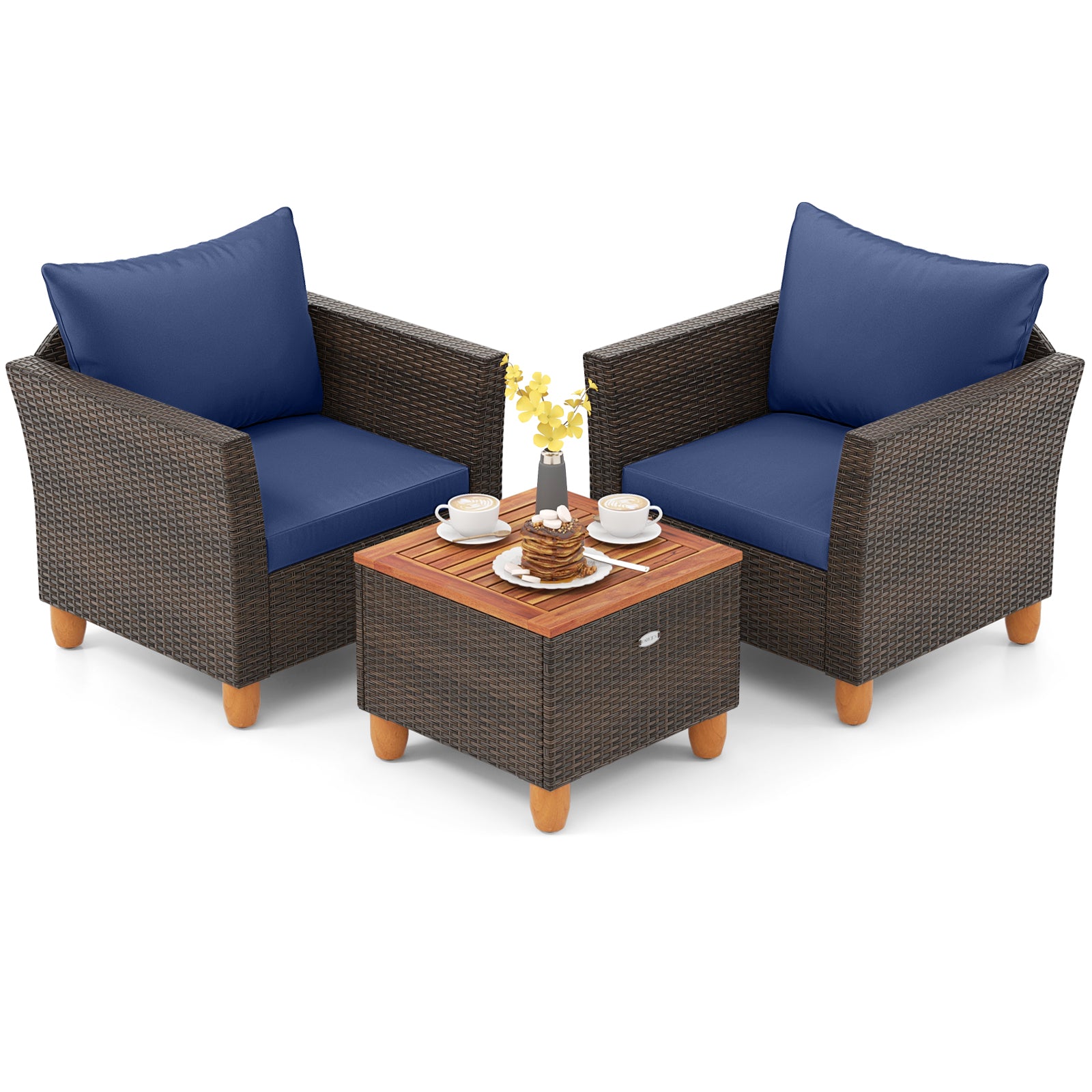 3 Pieces Patio PE Wicker Furniture Set with Cushions and Acacia Wood Storage Coffee Table, Navy Patio Conversation Sets Navy at Gallery Canada