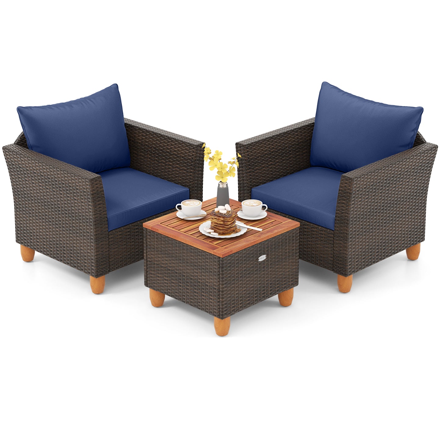 3 Pieces Patio PE Wicker Furniture Set with Cushions and Acacia Wood Storage Coffee Table, Navy Patio Conversation Sets Navy at Gallery Canada