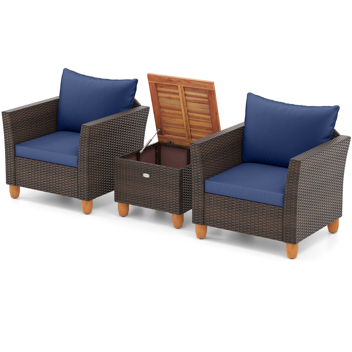 3 Pieces Patio PE Wicker Furniture Set with Cushions and Acacia Wood Storage Coffee Table, Navy Patio Conversation Sets at Gallery Canada