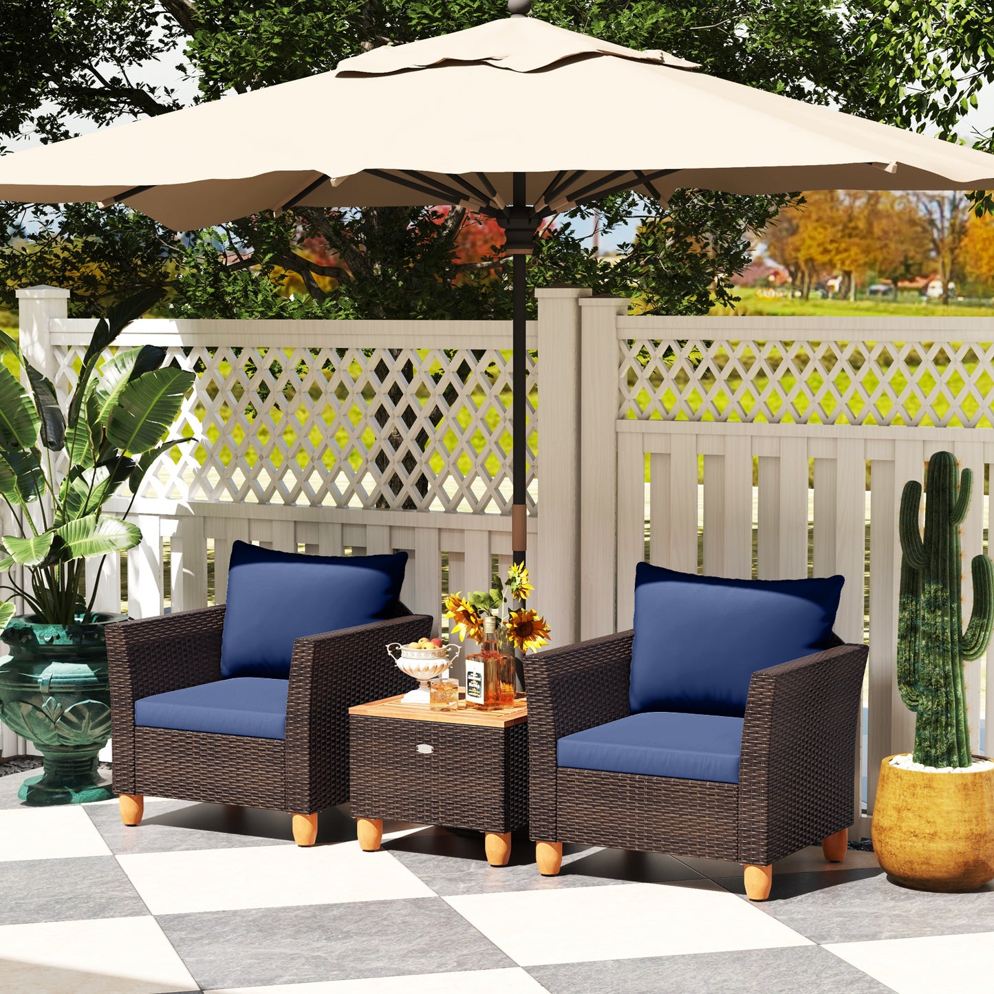 3 Pieces Patio PE Wicker Furniture Set with Cushions and Acacia Wood Storage Coffee Table, Navy Patio Conversation Sets at Gallery Canada