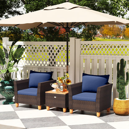 3 Pieces Patio PE Wicker Furniture Set with Cushions and Acacia Wood Storage Coffee Table, Navy Patio Conversation Sets at Gallery Canada