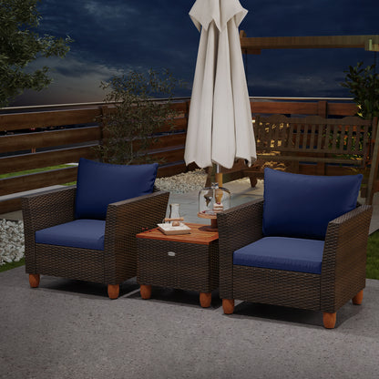 3 Pieces Patio PE Wicker Furniture Set with Cushions and Acacia Wood Storage Coffee Table, Navy Patio Conversation Sets at Gallery Canada