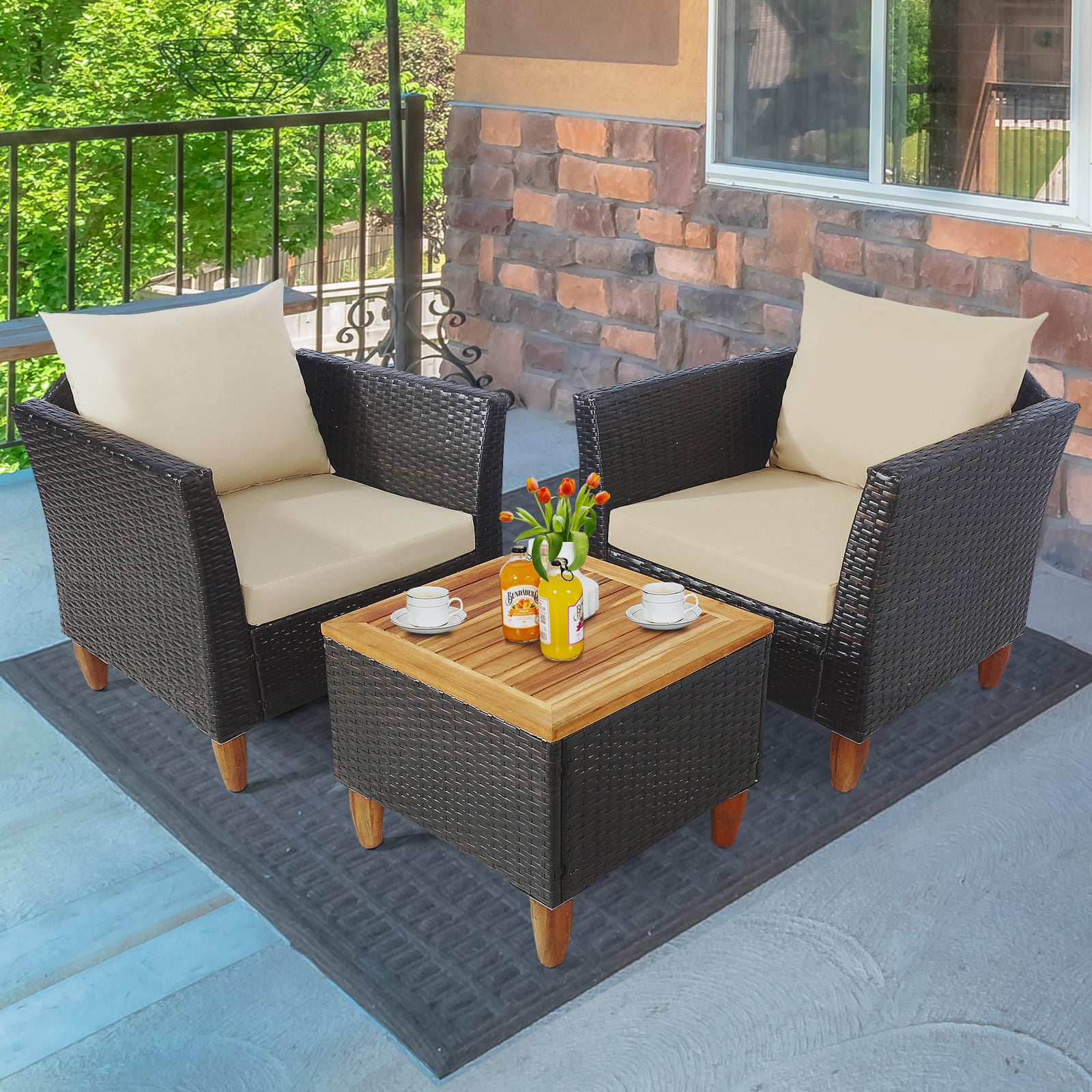 3 Pieces Patio Rattan Furniture Set with Washable Cushion for Yard Porch, Beige Patio Conversation Sets at Gallery Canada