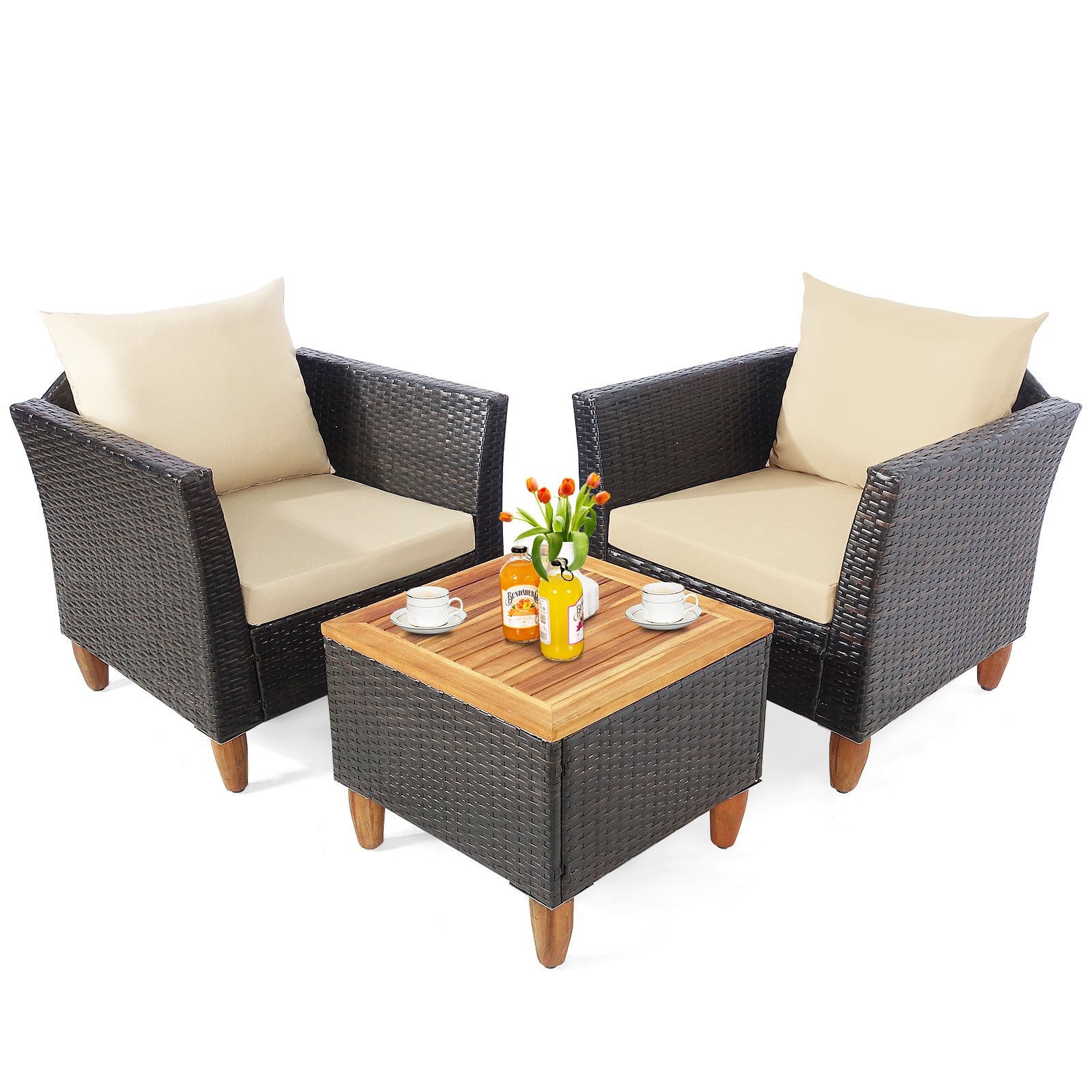 3 Pieces Patio Rattan Furniture Set with Washable Cushion for Yard Porch, Beige Patio Conversation Sets at Gallery Canada