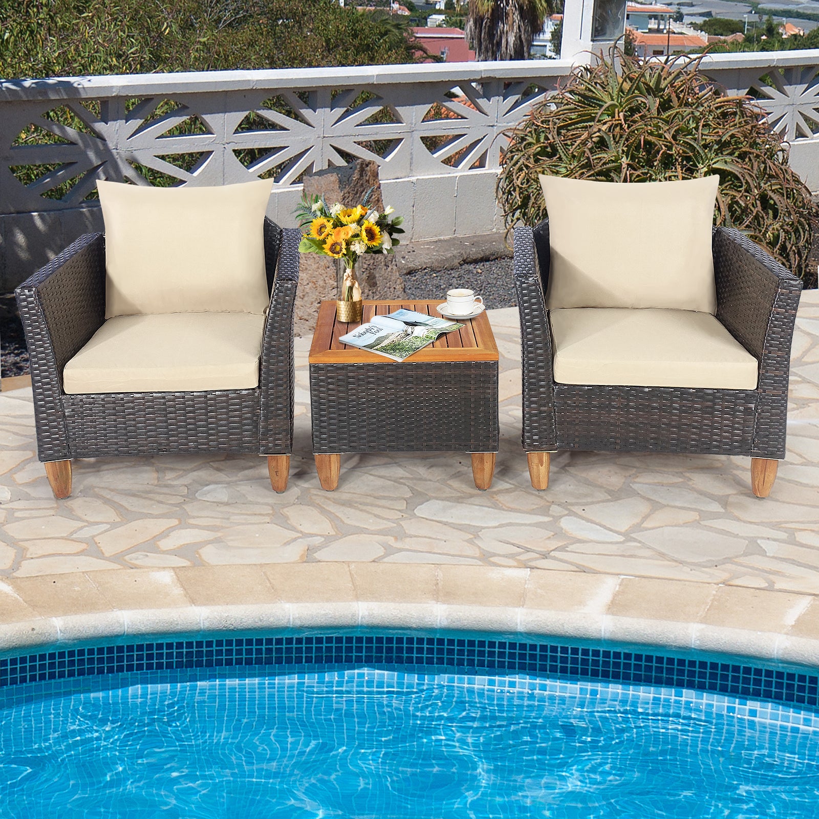 3 Pieces Patio Rattan Furniture Set with Washable Cushion for Yard Porch, Beige Patio Conversation Sets at Gallery Canada