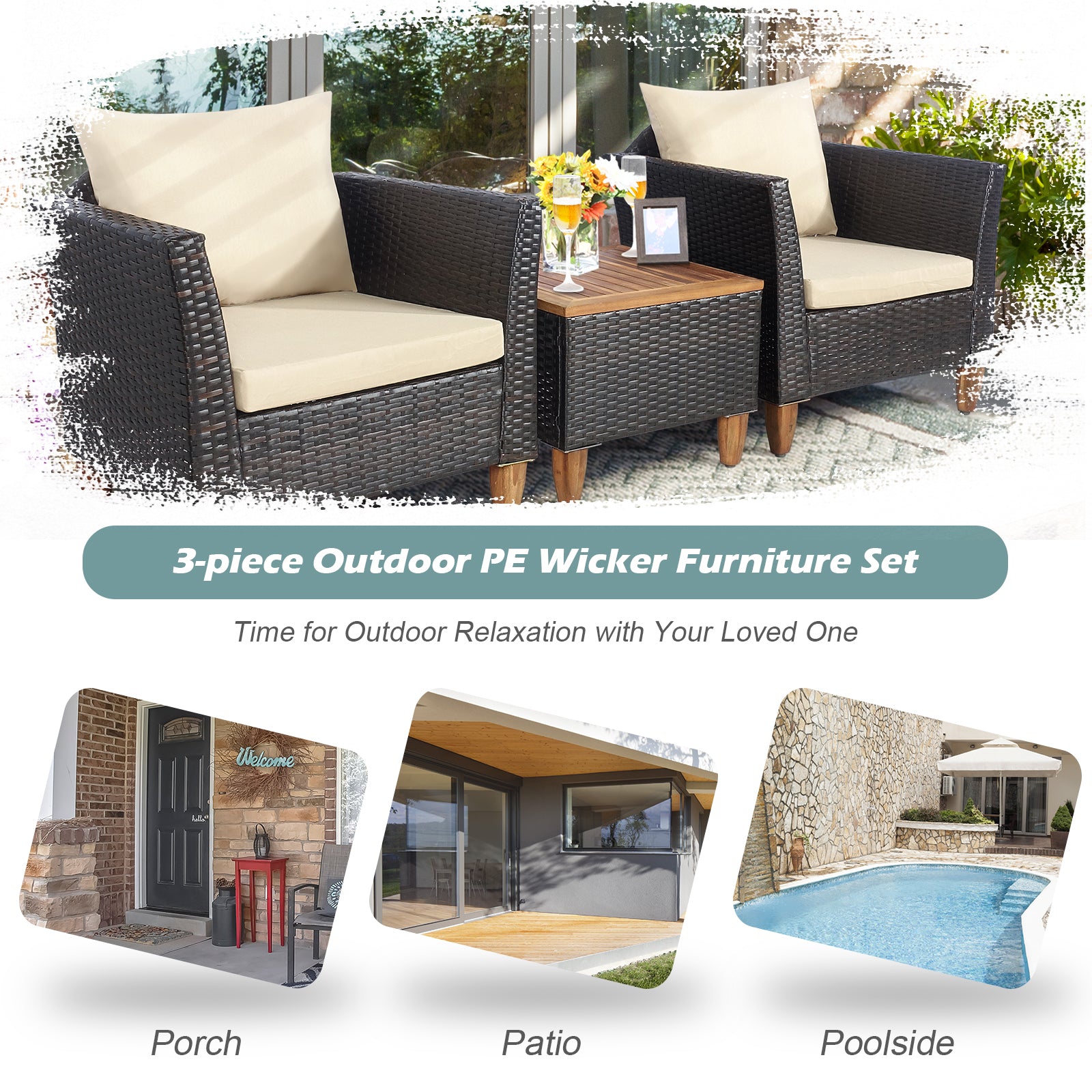3 Pieces Patio Rattan Furniture Set with Washable Cushion for Yard Porch, Beige Patio Conversation Sets at Gallery Canada
