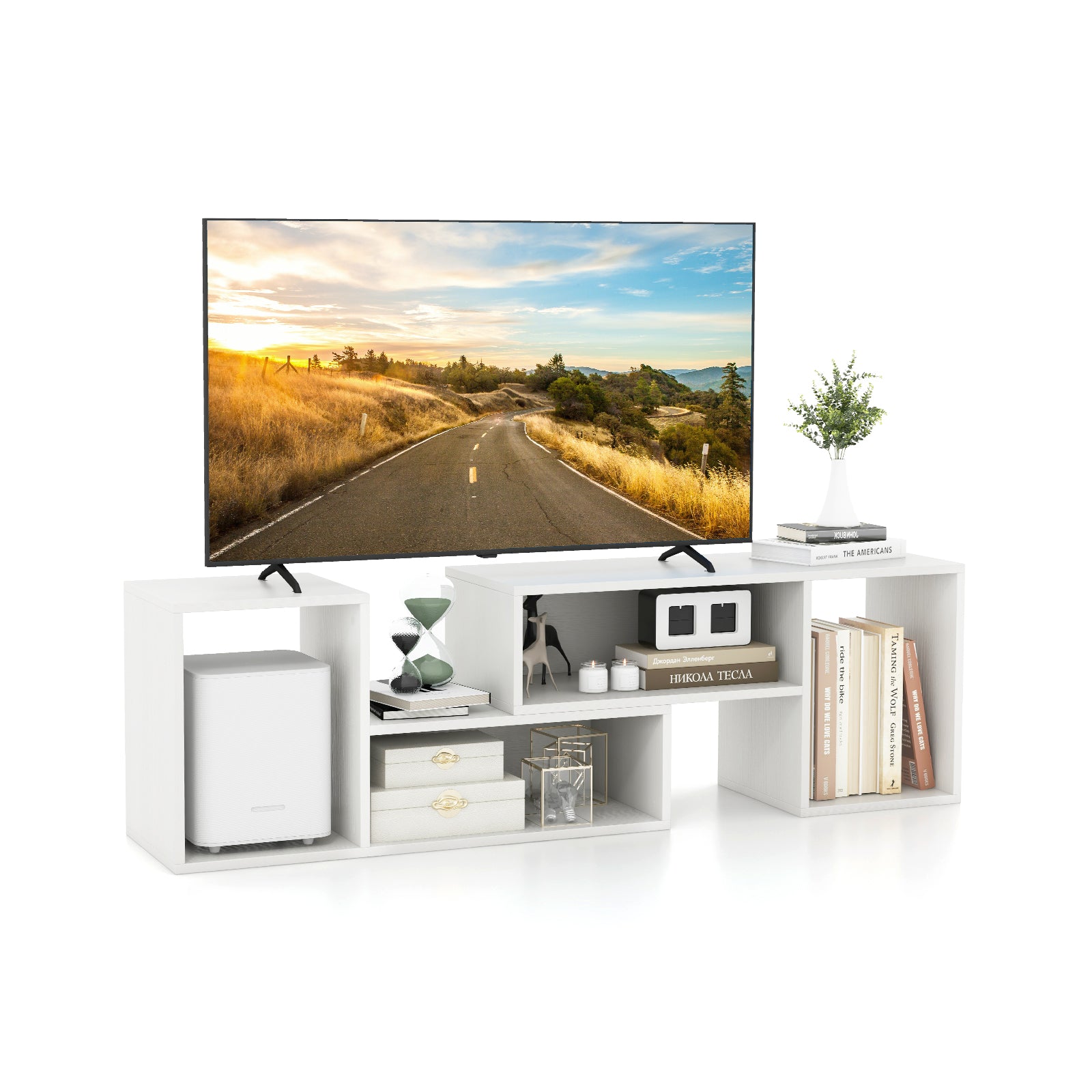 Adjustable TV Stand For 55 Inch TVs, With Storage Cubes, White Entertainment Centers & TV Stands at Gallery Canada
