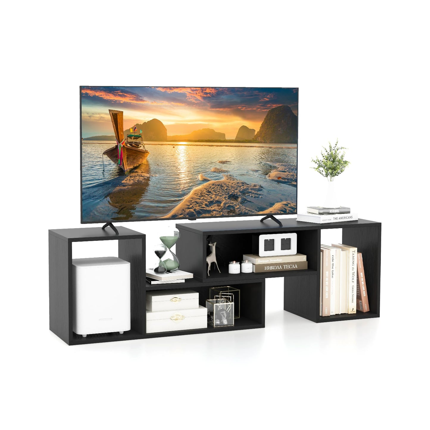 Adjustable TV Stand For 55 Inch TVs, With Storage Cubes, Black Entertainment Centers & TV Stands Black at Gallery Canada