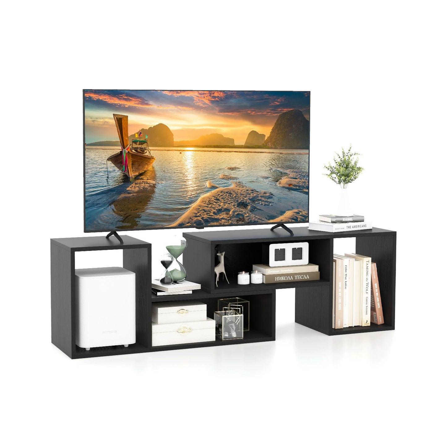 2 Pieces Adjustable TV Stand for TVs up to 55 Inch with Storage Cubes, Black Entertainment Centers & TV Stands Black at Gallery Canada