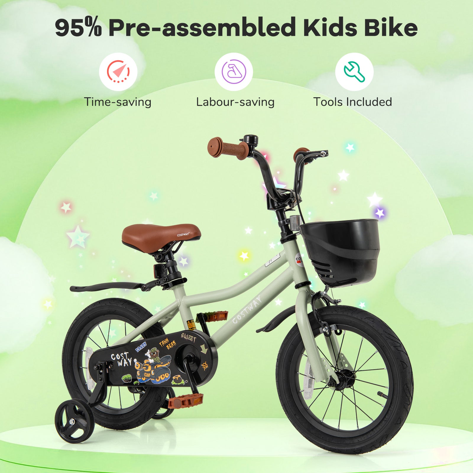 14-Inch Kids Bike Adjustable with Training Wheels for 3-5 Years Old, Green Kids Bike at Gallery Canada