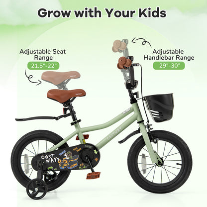 14-Inch Kids Bike Adjustable with Training Wheels for 3-5 Years Old, Green Kids Bike at Gallery Canada