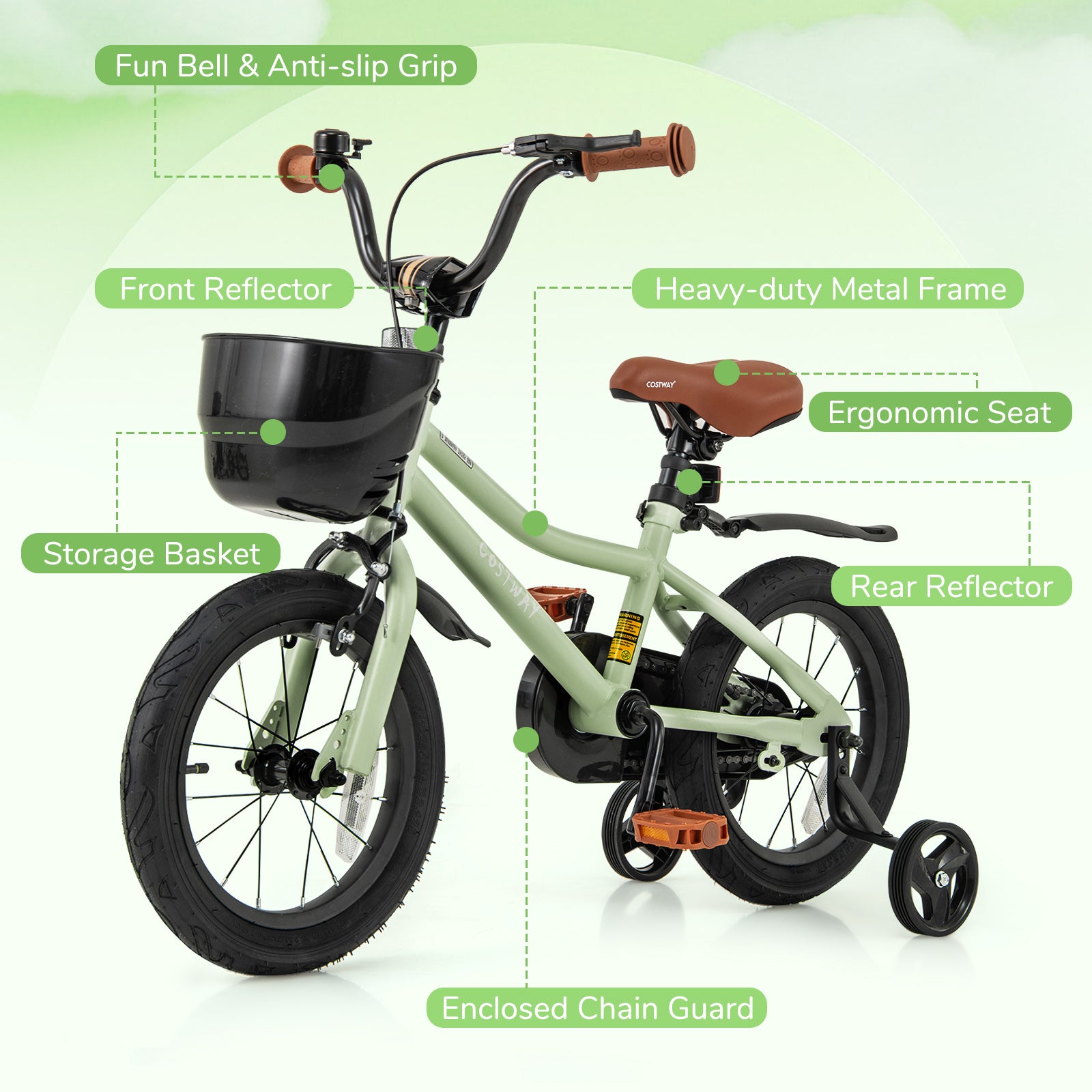 14-Inch Kids Bike Adjustable with Training Wheels for 3-5 Years Old, Green Kids Bike at Gallery Canada