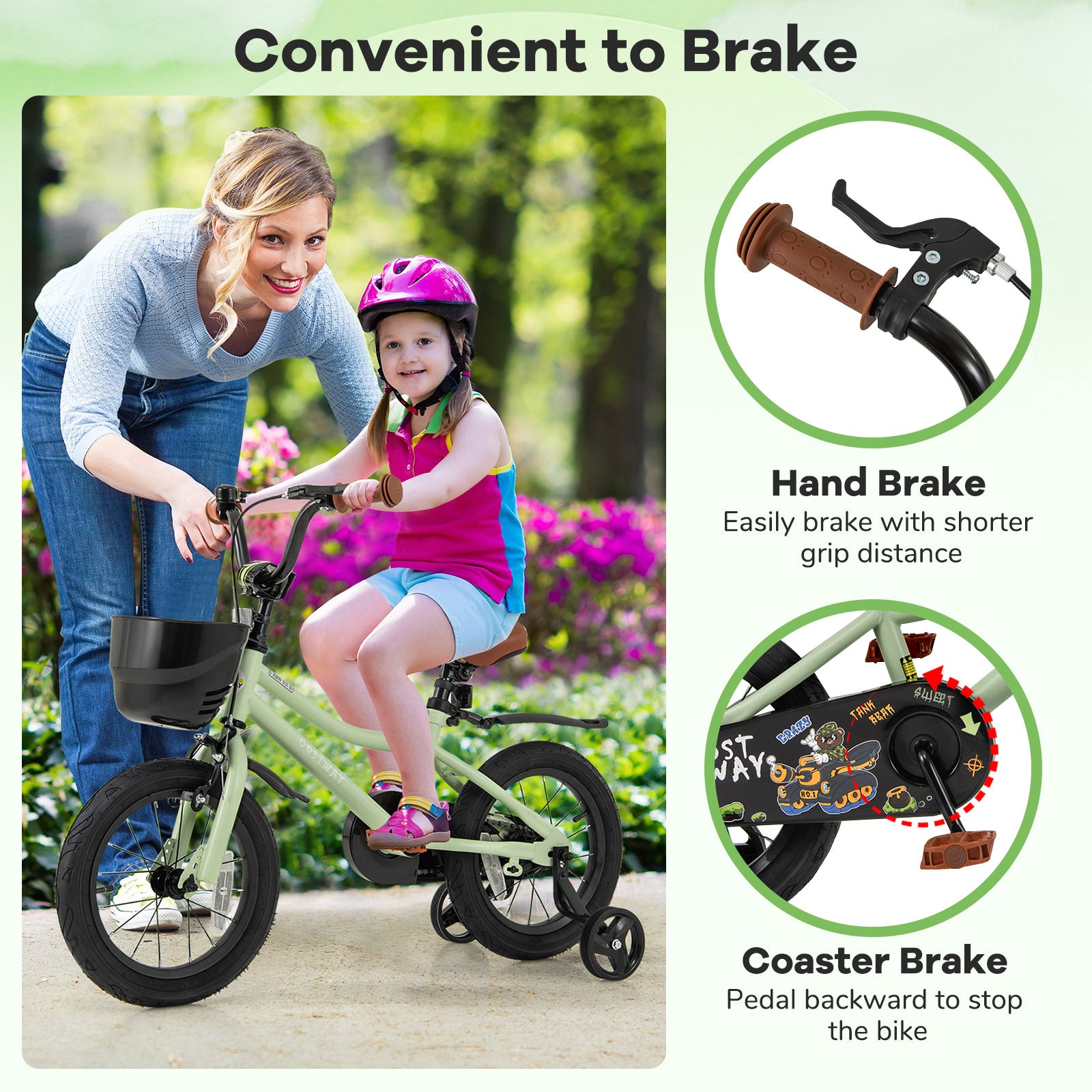14-Inch Kids Bike Adjustable with Training Wheels for 3-5 Years Old, Green Kids Bike at Gallery Canada