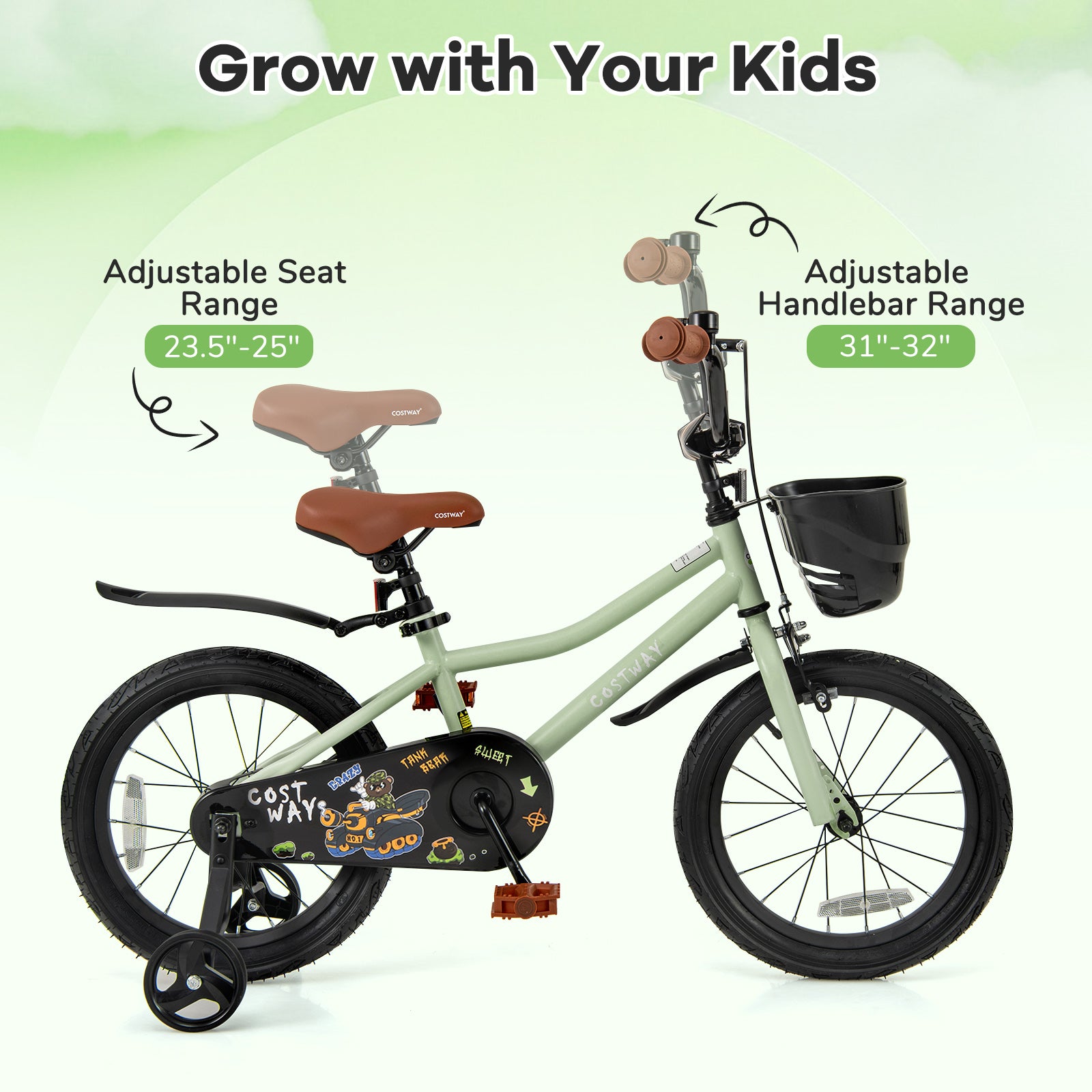 16-Inch Kids Bike Adjustable with Training Wheels for 4-7 Years Old, Green Kids Bike at Gallery Canada