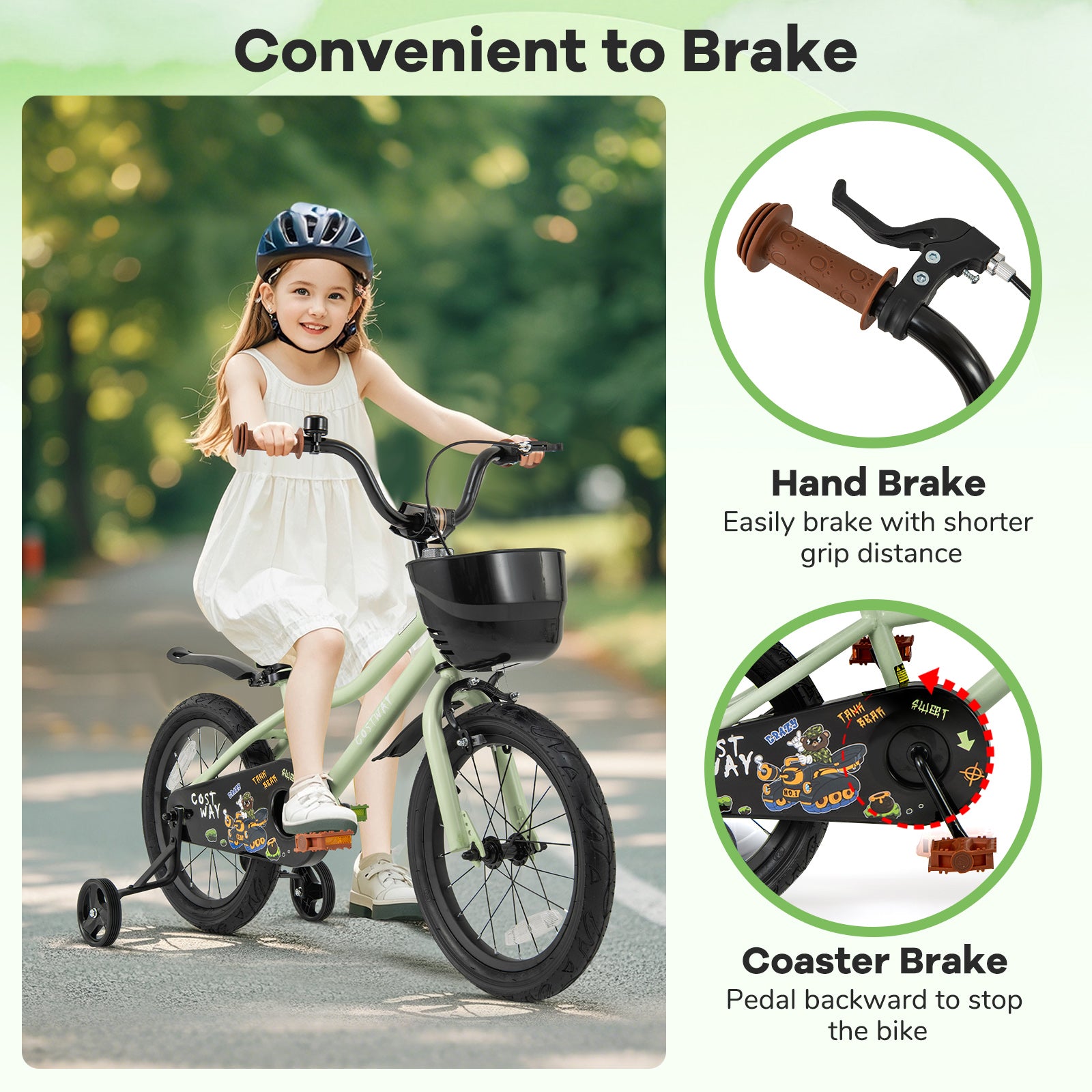 16-Inch Kids Bike Adjustable with Training Wheels for 4-7 Years Old, Green Kids Bike at Gallery Canada