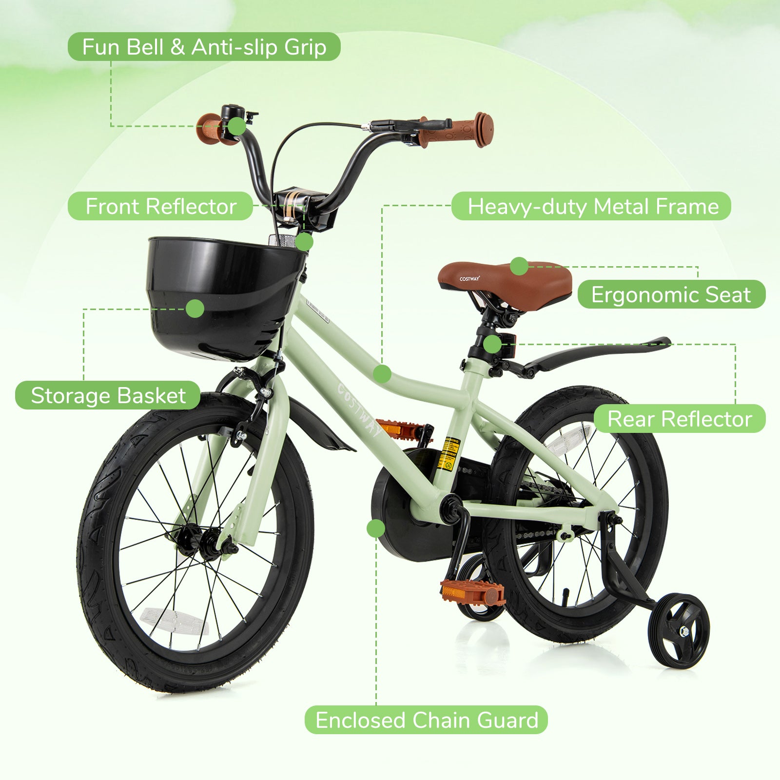 16-Inch Kids Bike Adjustable with Training Wheels for 4-7 Years Old, Green Kids Bike at Gallery Canada
